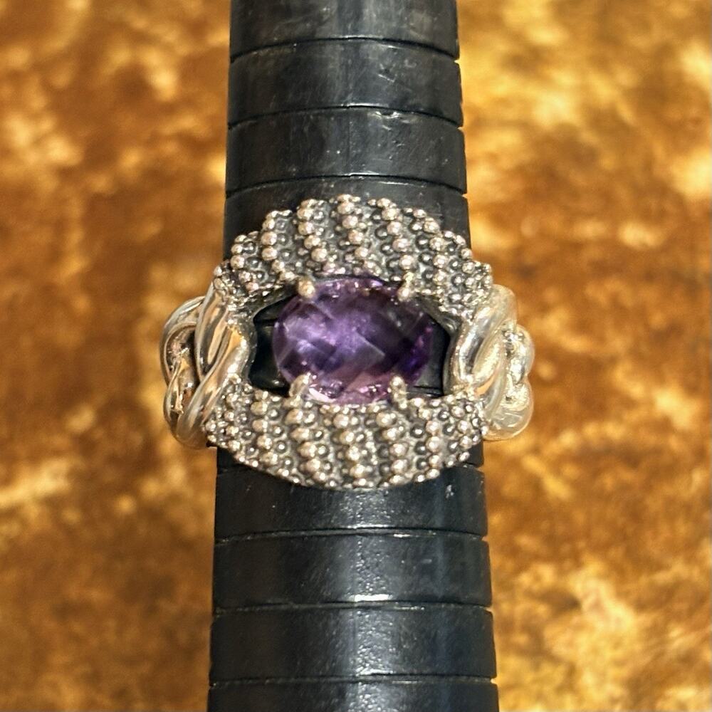 Michael Dawkins Ring Sz 9 Sterling Silver & Amethyst w/ Signature Caviar Beading